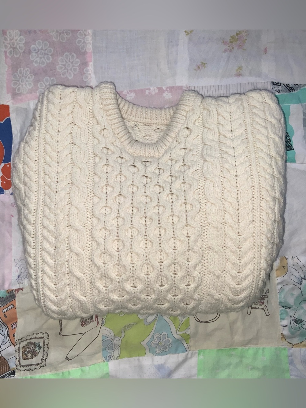 hand knit wool aran fisherman sweater hand made cream non ichy merino ecru - Picture 2 of 7